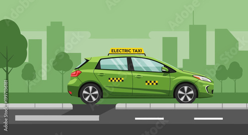 Green electric taxi car driving on city street with buildings background