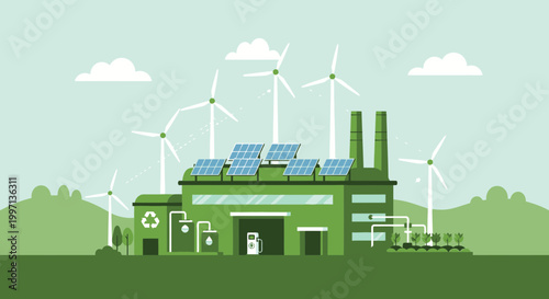 Green factory with solar panels and wind turbines, sustainable energy concept