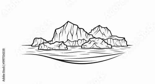 A dramatic illustration of several icebergs floating serenely in the ocean
