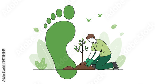 Green footprint planting tree, environmental care, sustainability, eco-friendly lifestyle, nature conservation