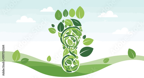 Green Footprint Made of Leaves on a Nature Landscape Background