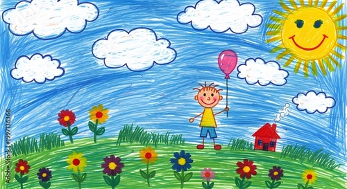 Colorful child's drawing of a happy boy holding a pink balloon in a sunny meadow with flowers and a small house