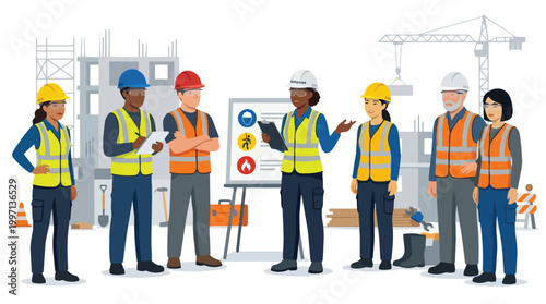 Diverse team of construction workers attending a safety briefing on an active building site illustrating workplace safety and collaboration in the industry