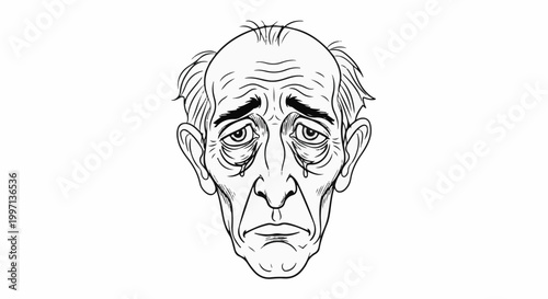 A drawing of a sad, elderly man's face with tear drops
