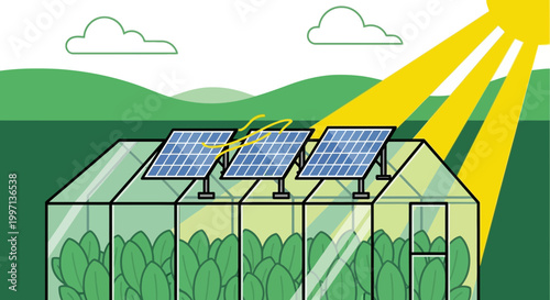 Greenhouse with solar panels on roof, powered by sun, growing plants