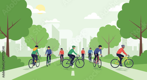 Group of cyclists enjoying a sunny day on a park bike path with city skyline background