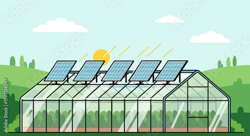 Greenhouse with solar panels on roof, sustainable farming, renewable energy, agriculture, sunny day