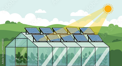 Greenhouse with Solar Panels on Roof, Sustainable Agriculture and Renewable Energy