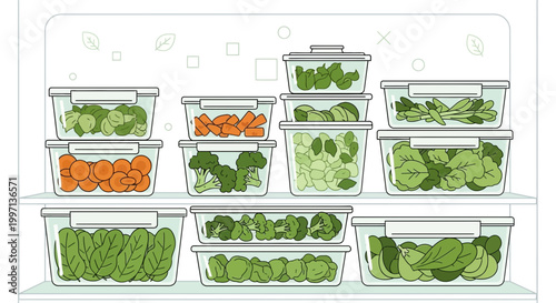 Healthy food storage: fresh vegetables in clear containers, organized fridge shelves, meal prep
