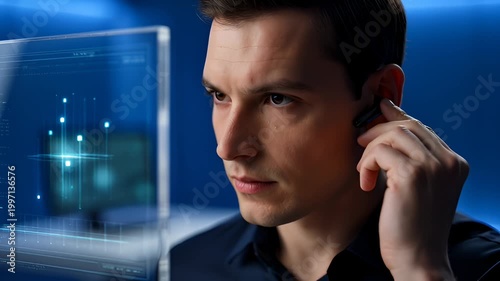 Professional Man Engaging With Virtual Interface and Wireless Earbud in High-Tech Environment