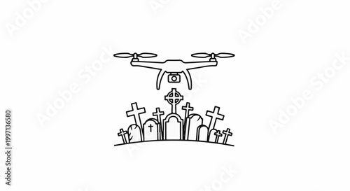 A drone hovers above a line of gravestones in a cemetery