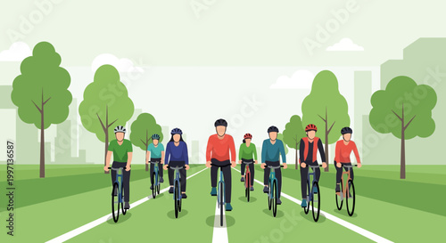 Group of diverse cyclists riding on a dedicated bike path in a park with city skyline background