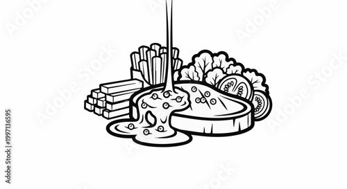 A drawn steak with fries, salad, and sauce being poured