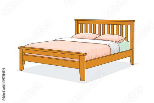 Clean vector illustration of a wooden bed frame with mattress and pillows. Perfect for bedroom interior, furniture design, and home decor concepts.
