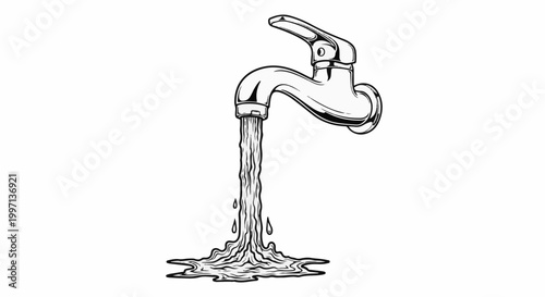 A faucet is depicted in black and white, releasing a stream of water