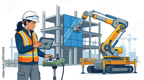 Female construction worker operating a robotic arm to install large glass panels on a building, highlighting modern technology and diverse workers in the construction industry.