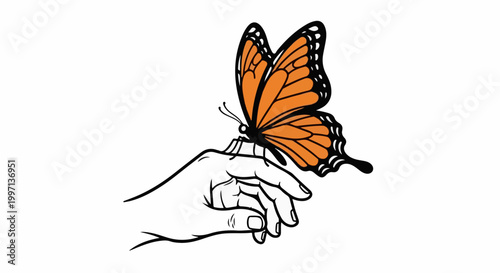 A detailed line drawing of an orange butterfly landing gently on a person's fingertip