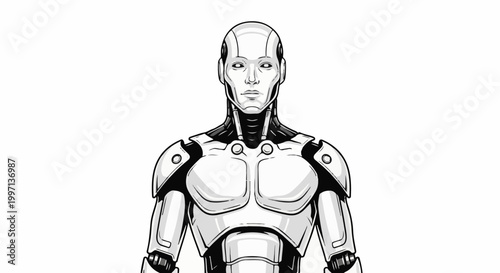 A detailed, monochromatic illustration of a humanoid robot's upper body