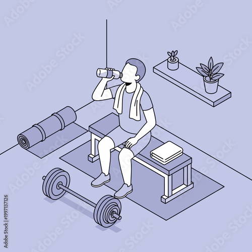 Man taking a break from exercising at home.