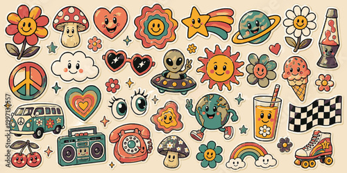 Mixed Groovy Retro Toolkit Pack. Groovy Retro SVG Vector Set with Cute 70s Cartoon Stickers, Flower Power Doodles, Smiley Icons and Funky Vintage Graphic Elements, mixed groovy retro toolkit