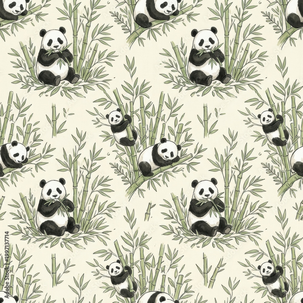 Obraz premium Pandas Eating Bamboo in a Natural Setting With Lush Green Plants Surrounding Them, Capturing a Moment of Wildlife in Their Habitat