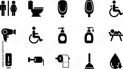 Bathroom and accessibility pictograms a collection of black silhouette icons