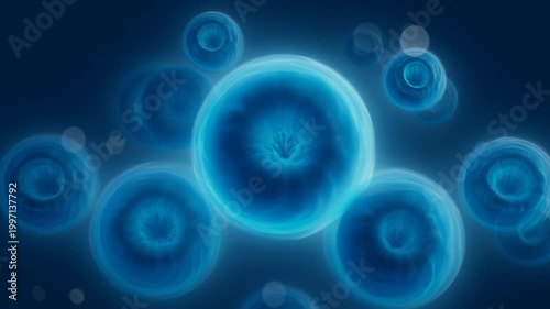 Abstract Blue Organic Cells Pulsating and Floating in Dark Microscopic Environment