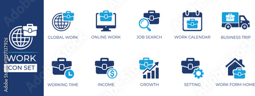 Work icon set. business, briefcase, work from home, working hours, growth, and income icons collection. Vector illustration.