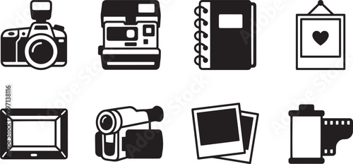 Collection of vector icons related to photography and vintage cameras on transparent background.