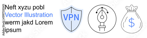Digital security, creativity, finance, online protection, graphic design, business concepts. Shield with VPN text, pen tool icon and money bag symbol. Digital security and creativity concepts
