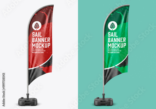 Blank advertising feather flag mockup with curved fabric on stand isolated