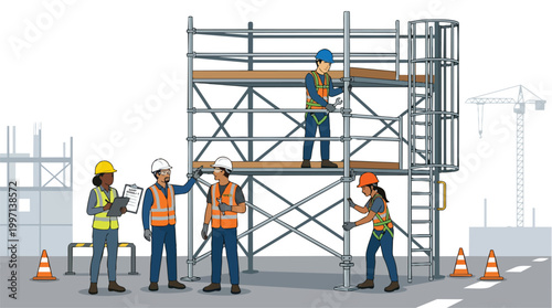 A diverse team of construction workers diligently assembling and inspecting scaffolding on an active building site, showcasing safety protocols and collaborative effort in the construction industry.
