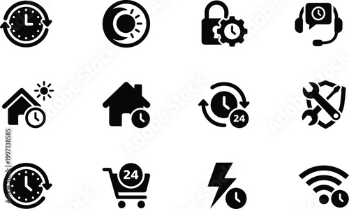 Collection of black silhouette icons representing 24 7 availability and services
