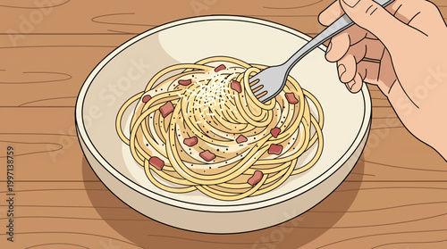 A close-up, top-down perspective of a fork twirling spaghetti carbonara, presented in a simple, clean illustration style with a focus on the food