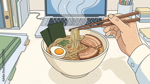 Point Of View Food Illustration of a delicious steaming bowl of ramen with pork, egg, and seaweed, enjoyed with chopsticks at a desk