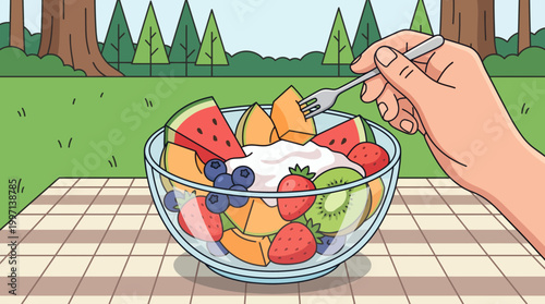 Point Of View Food A Delicious Fruit Salad Being Eaten with a Fork in a Park Setting