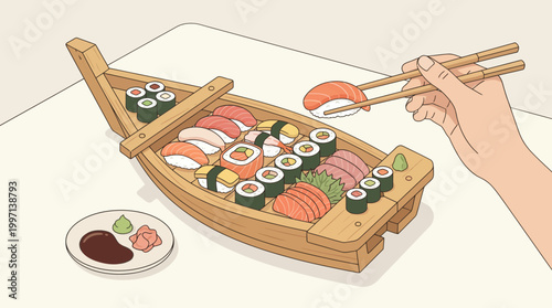 Point Of View Food A Delicious Assortment of Sushi Served on a Traditional Boat Platter