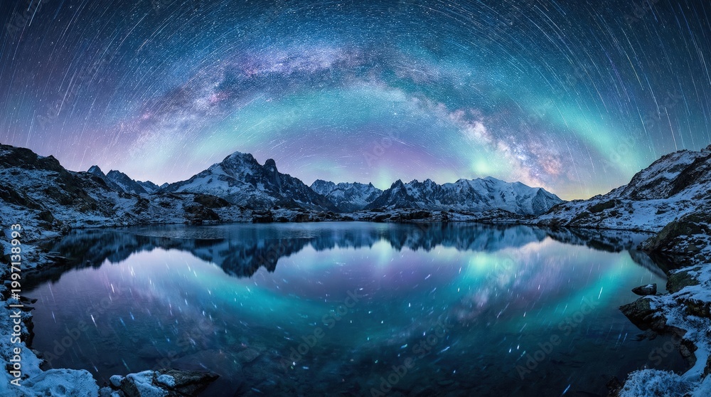 Fototapeta premium Snow-capped mountains reflected in a still lake under a vibrant aurora borealis and star-filled night sky with light trails