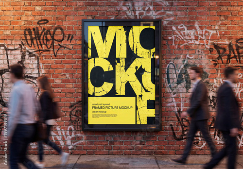 Outdoor poster mockup on brick wall with graffiti and people walking