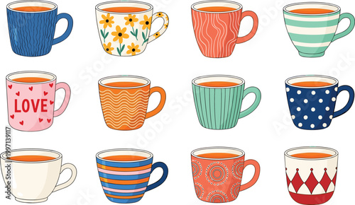Colorful Coffee Cup Vector Set with Hand Drawn Patterns and Cute Ceramic Mug Designs for Cafe Branding Kitchen Decor and Beverage Illustration Projects.