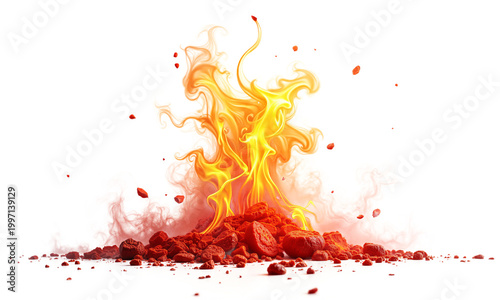 Fire flame embers rising from a pile of burning red debris and smoke isolated on a transparent background