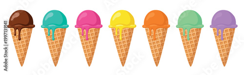 Ice cream waffle cones set . Colourful Ice Cream cone with different flavours. Summer break sweet dessert collection vector illustration.
