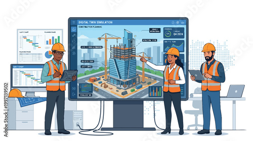 Diverse construction workers utilizing digital twin simulation for advanced building planning and project management in the modern construction industry