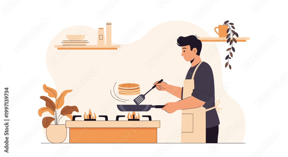 Fototapeta premium Man cooking pancakes on stove, breakfast, kitchen scene, healthy food, home cooking