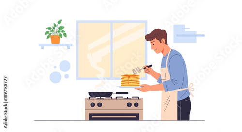 Man cooking pancakes on stove in kitchen, serving stack of breakfast food