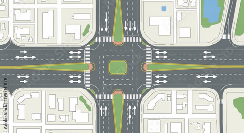 Aerial view of a busy city intersection with traffic lights and lanes.