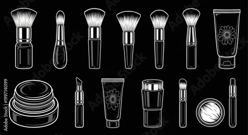 Collection of Makeup Brushes and Cosmetics Products.