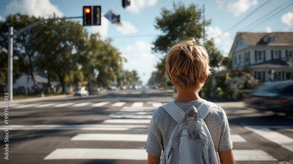 Naklejka premium Young boy walking on pedestrian crossing in a city, traffic light on red. Depicting urban childhood, safety, and learning rules road