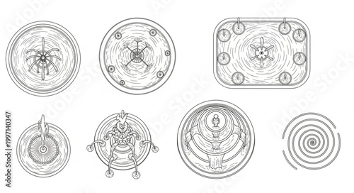 Collection of intricate circular and rectangular ancient symbols.