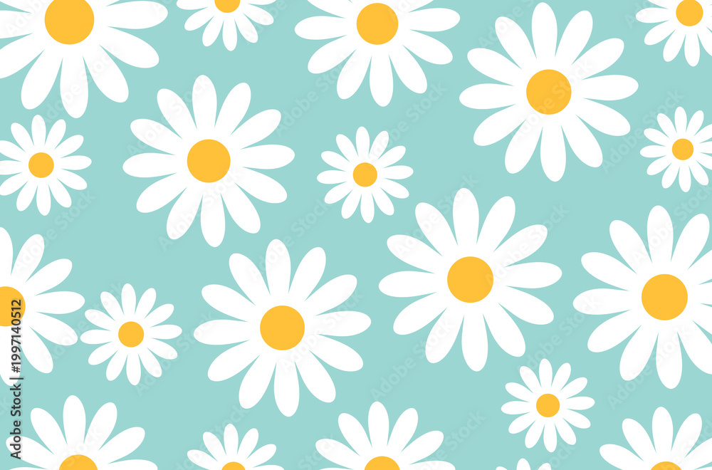 Obraz premium daisy flowers seamless background pattern. Featuring numerous white daisy flowers with bright yellow centers scattered across a soft pastel blue surface.